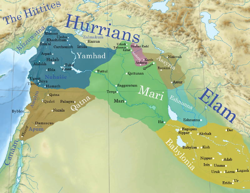 A map of the polities in the area around the Euphrates river around 1760 BCE. The map shows the Hurrians, Yamhad, Mari, Qatna, Assyria, Eshnunna, Babylonian polities, as well as the lands of Canaan, Elam, Kuzzuwatna, Harran, Hittite lands and Elamite lands in the Zagros Mountains